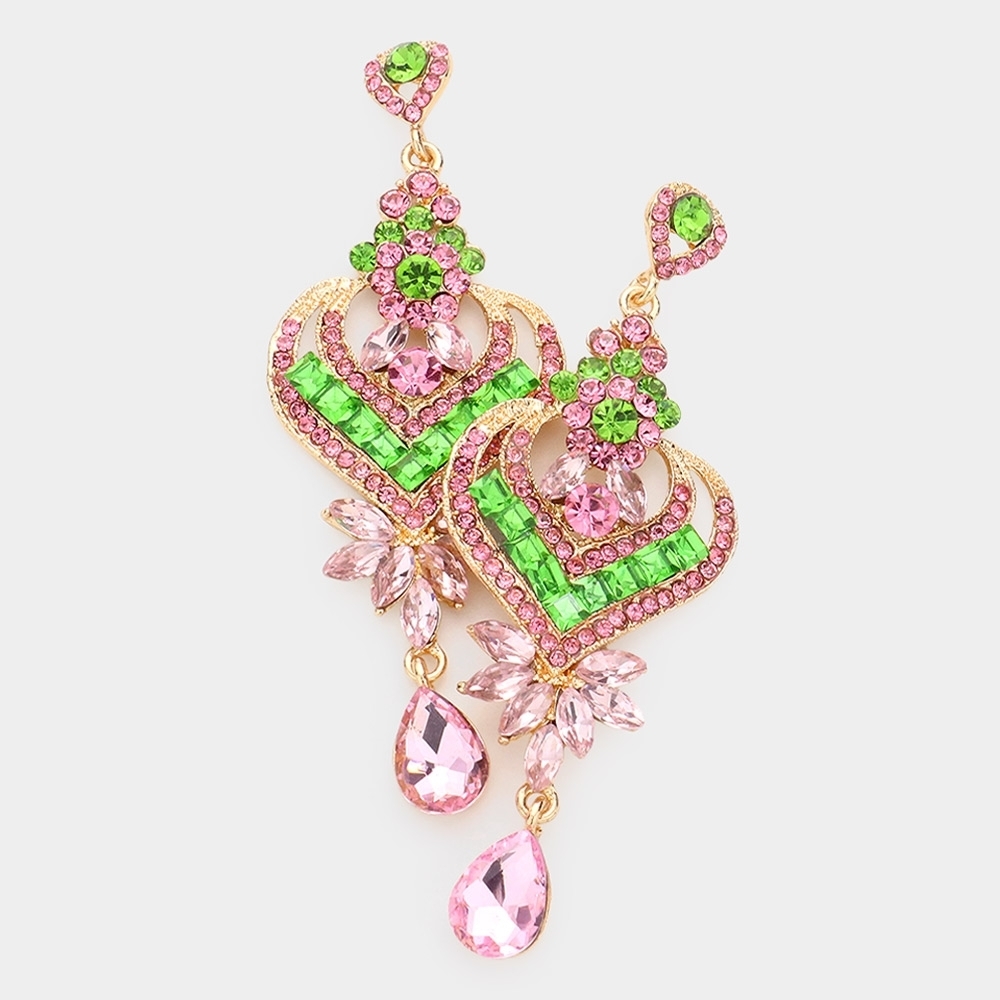 Pink & Green Glass Heart Teardrop Crystal Dangle Earrings 3.5" Statement Evening